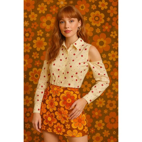 XS Pale Yellow Printed Cold Shoulder Button Down Crop Menswear Collared Blouse - Picture 7 of 7